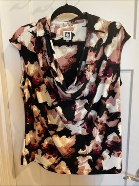 Anne Klein Black Floral Cowl Neck Sleeveless Blouse